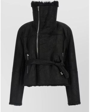 Rick Owens Shearling Cropped Belted Funnel-Neck Jacket - Black