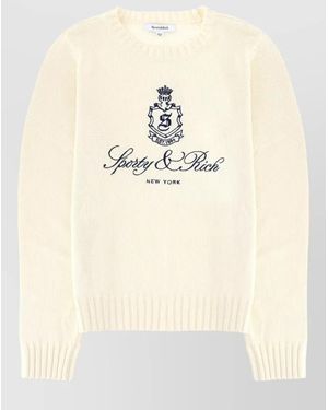Sporty & Rich Logo Jersey Crew Neck Ribbed Trims - Natural