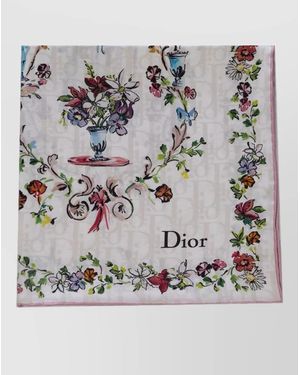 Dior Floral Print Square Silk Scarf Foulard - Grey