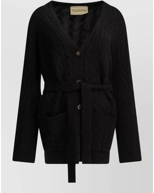 Valentino Cashmere Cardigan Cable Knit Waist Belt - Black