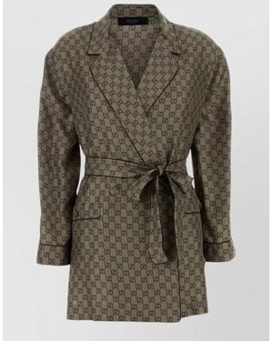 Gucci Longline Top Belted Waist Notched Lapels - Gray