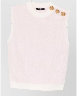 Balmain Knit Top Button Detail Sleeveless Round Neck - Pink