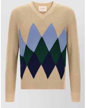 Ballantyne Argyle Motif Sweater Long Sleeves V Neck - Blue