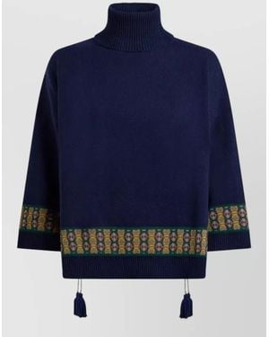 Etro Turtleneck Top Geometric Pattern Tassels - Blue