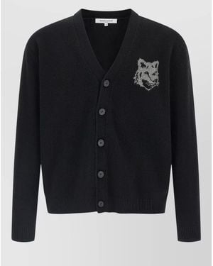 Maison Kitsuné Fox Head Cardigan Long Sleeves V Neckline - Black