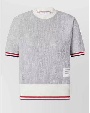 Thom Browne Textured Knit Crew Neck Stripe T Shirt - Grey