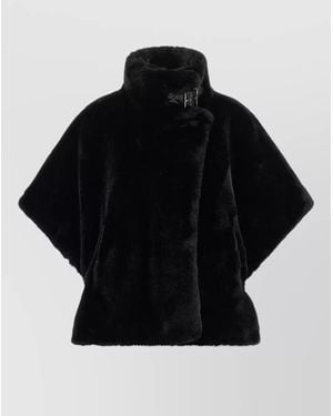 Pinko Cape Coat Buckle Detail Faux Fur - Black