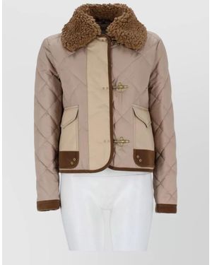 Fay Cropped Quilted Jacket Faux Fur Collar - Natural