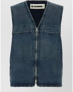 Jil Sander Denim Vest V Neckline Sleeveless Patch Pockets - Blue