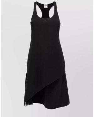 Courreges Infinity Pleats A-Line Embroidered Logo Scoop Neck Asymmetric Hem Knee-Length Dress - Black