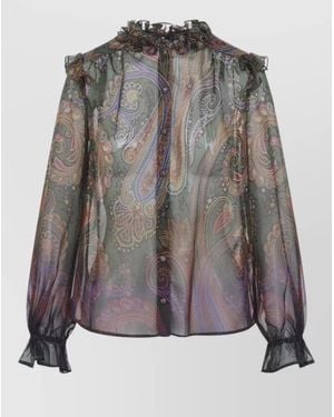 Etro Silk Paisley-Print Ruffled Blouse - Brown
