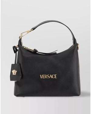 Versace Tag Leather Hobo Shoulder Bag - Black