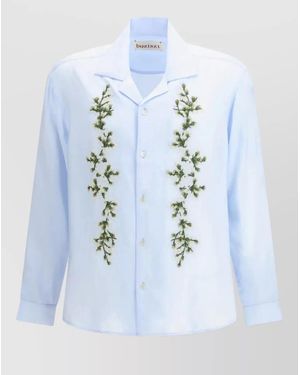 BAZISZT Floral-Embroidered Cotton Camp-Collar Shirt - Blue