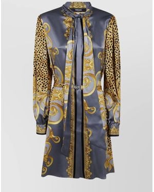 Versace Silk Printed Long-Sleeve Mini Dress - Blue