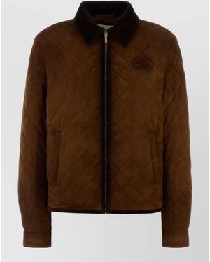 Miu Miu Suede Jacket Quilted Design Ribbed Collar - Brown