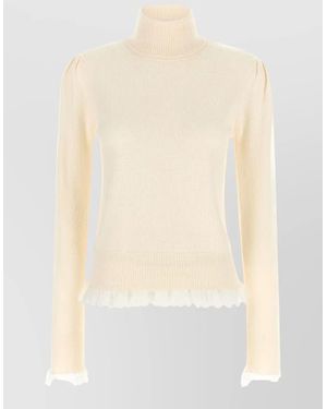 Ganni Merino Wool Ribbed Turtleneck Lace Trim Jumper - White