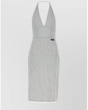 Miu Miu Striped Silk Halter Dress With Back Slit - White