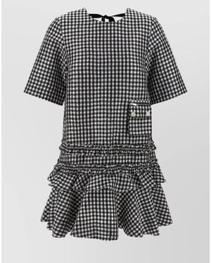 Ganni Crinkled Check Mini Dress - Gray