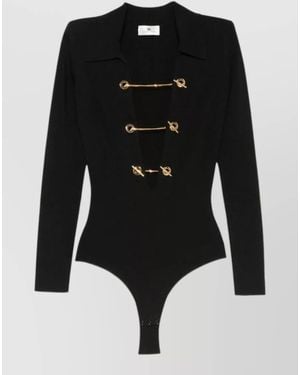 Elisabetta Franchi Bodysuit Plunging Neckline Long Sleeves Ribbed - Black