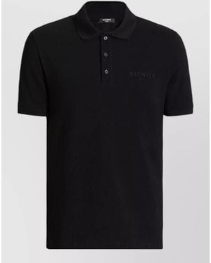 Balmain Short Sleeve Polo Collar Cotton Top - Black