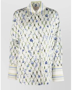 Genny Shirt Collared Neck Cuffed Sleeves Floral Pattern - White