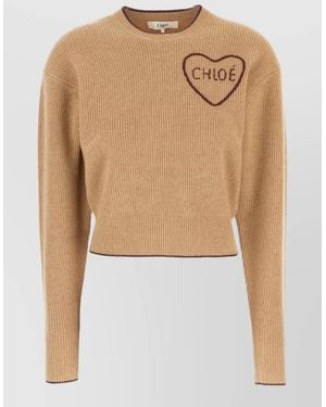 Chloé Long Sleeve Cropped Ribbed Top Heart Motif - White