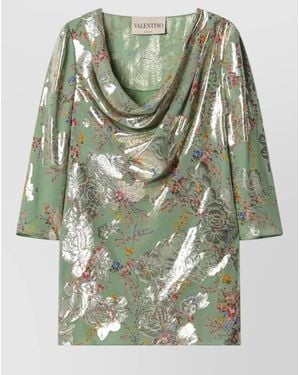 Valentino Dress Metallic Finish Draped Neckline Flowers - Green