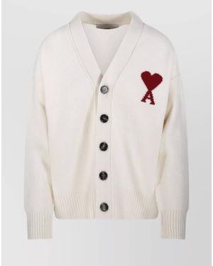 Ami Paris Wool V-Neck Long-Sleeve Cardigan - Natural