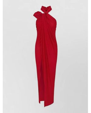 Balmain Draped Halter Maxi Dress Side Slit - Red