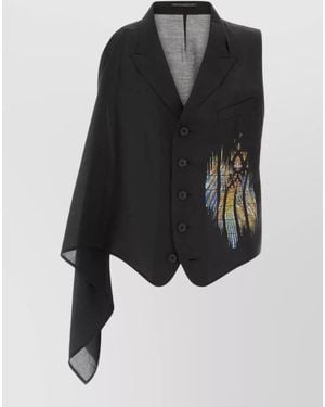 Yohji Yamamoto Jersey Vest Asymmetric Design Graphic Embroidery - Black