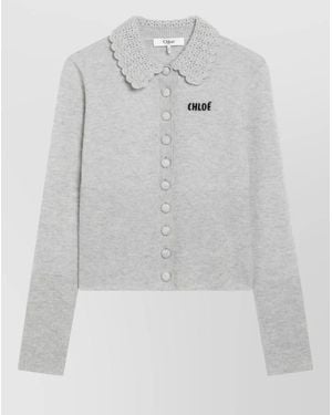 Chloé Fine-Knit Wool Fitted Collared Cardigan - Grey
