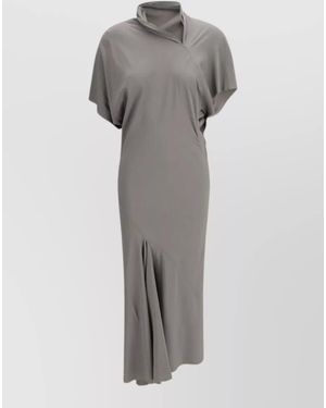 Rick Owens Silk Asymmetric Gathered High-Neck Midi Dress - Gray