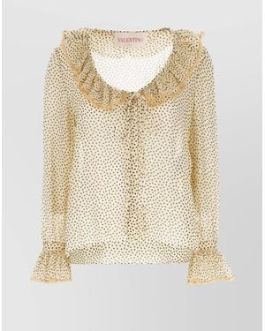 Valentino Garavani Silk Blouse With Ruffled Neckline And Polka Dot Pattern - Natural