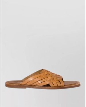 Miu Miu Leather Slides Open Toe Flat Sole Woven - Brown