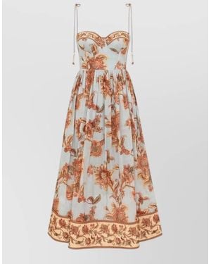 Zimmermann Aster Floral Midi Dress Pleated Straps - White