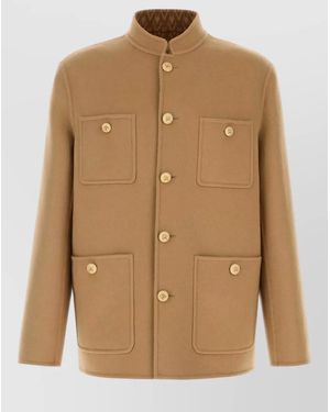 Valentino Garavani Wool Blend Jacket Four Pockets Stand Collar - Natural