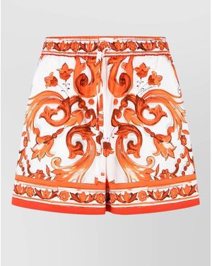 Dolce & Gabbana Maiolica Print Cotton Poplin Beach Shorts - Orange