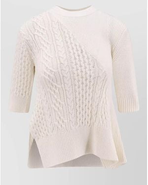 Sacai Ribbed Cable-Knit Asymmetric Three-Quarter Sleeve Jumper - Natural