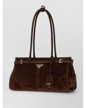 Prada Suede Bonnie Shoulder Bag Top Handle - Brown