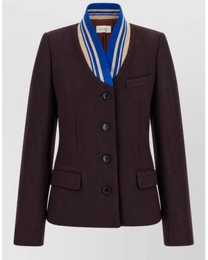 Dries Van Noten Wool Ribbed V Neck Single Breasted Blazer - Blue
