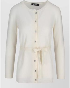 LA ROSE Cashmere Crew Neck Long Cardigan Tie - White