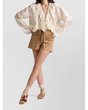 PHO® Firenze Shorts Long Sleeves Ruffled Blouse Studded Pockets - Natural