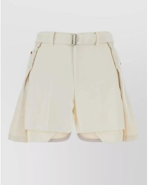 Sacai Polyester Denim Shorts Belted Waist Pleats Pockets - Natural