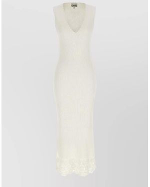 Ganni Crochet Knit Midi Dress V Neckline - White
