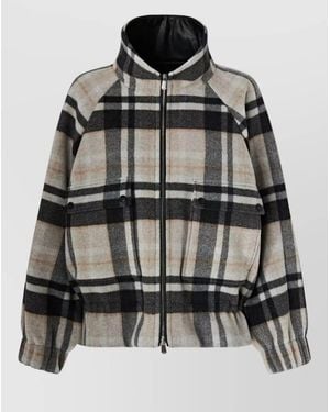 Pinko Wool Chequered High-Collar Single-Breasted Coat - Grey