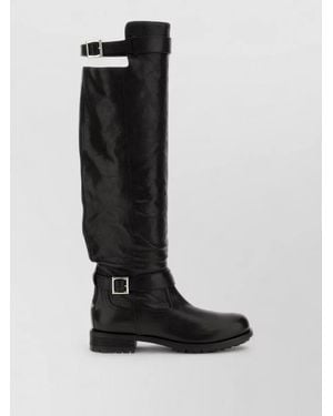 Jimmy Choo Leather Biker Boots Buckle Knee High Lug - Black