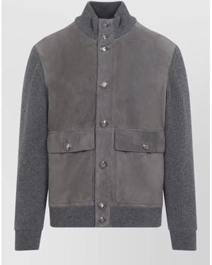 Brunello Cucinelli Leather Padded Ribbed Knit Paneled Jacket - Gray