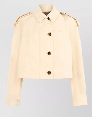 Burberry Cropped Cotton Jacket Structured Shoulders Strap Detail - Natural