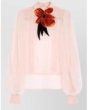 Valentino High Waist Skirt Lace Puff Sleeve Top - Pink