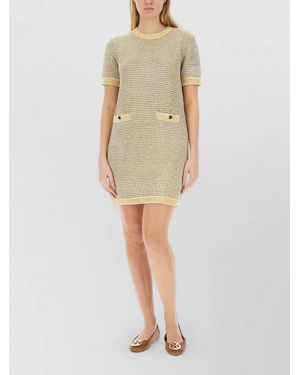 Tory Burch Textured Dress Round Neck Button Detail - Natural